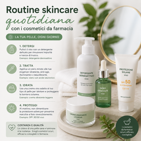 Cosmetici da skincare disposti ordinatamente sul lavandino del bagno